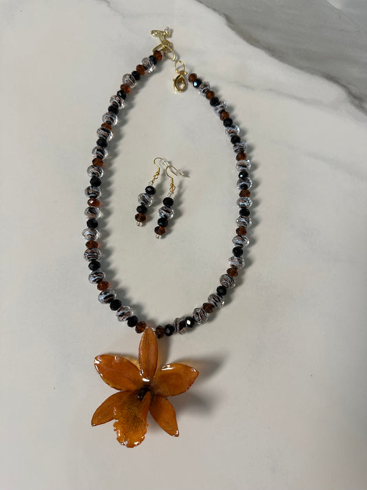 Orange cattleya necklace with earring