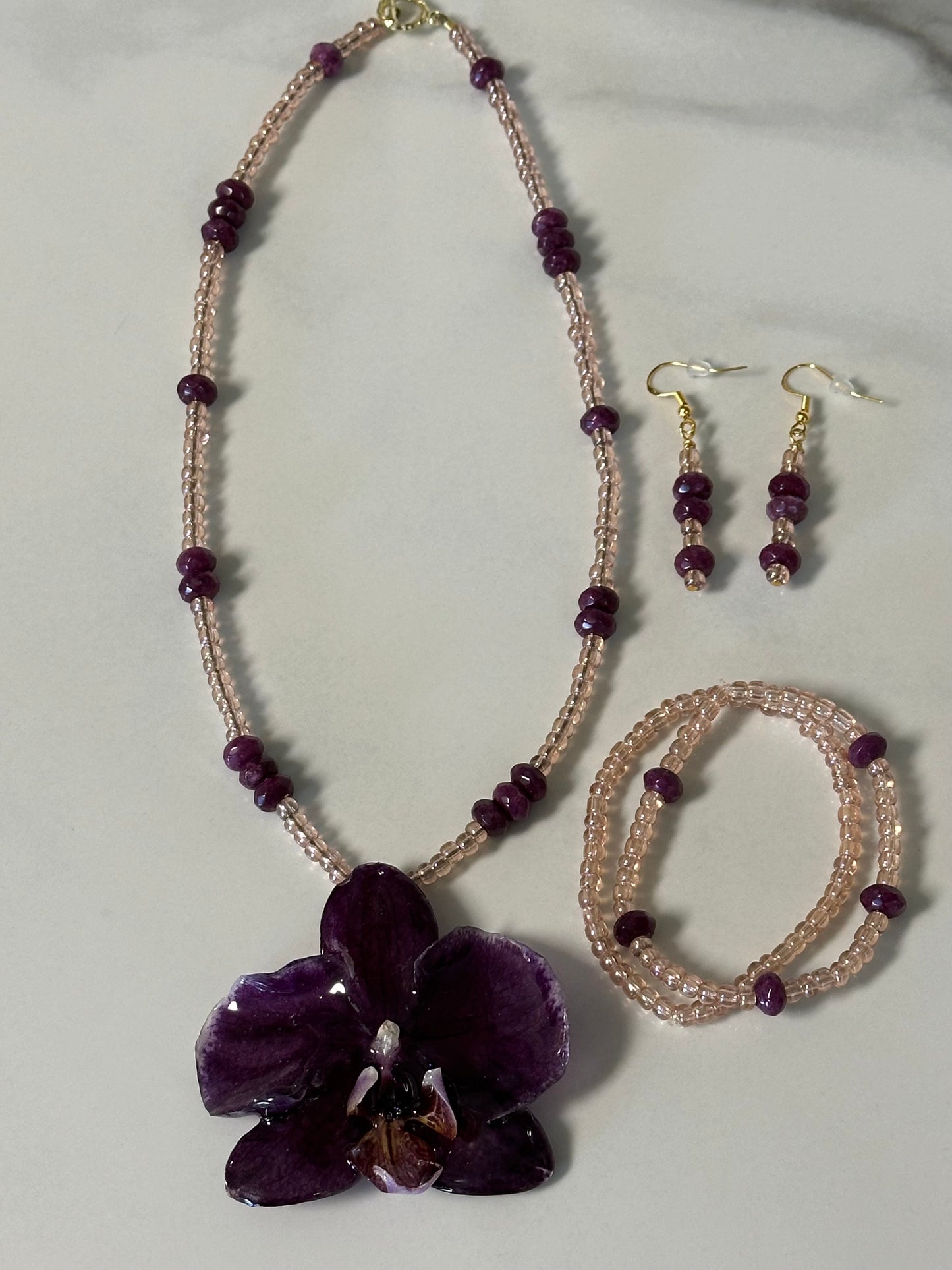 purple phalaenopsis orchids necklace set