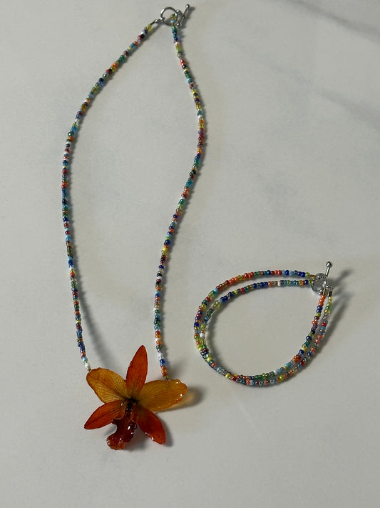 orange  cattleya necklace with bracelet