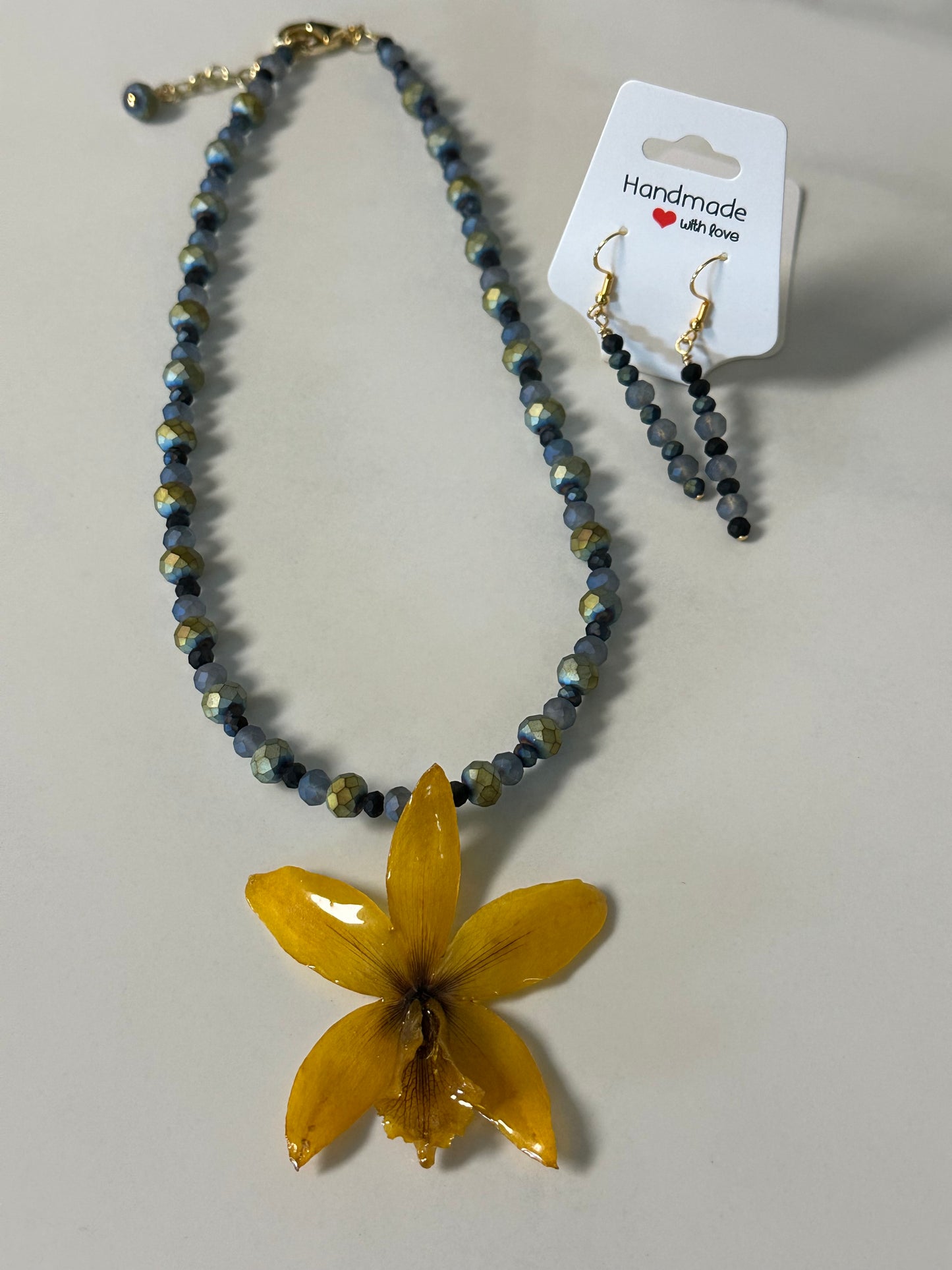yellow cattleya orchid necklace with earrings