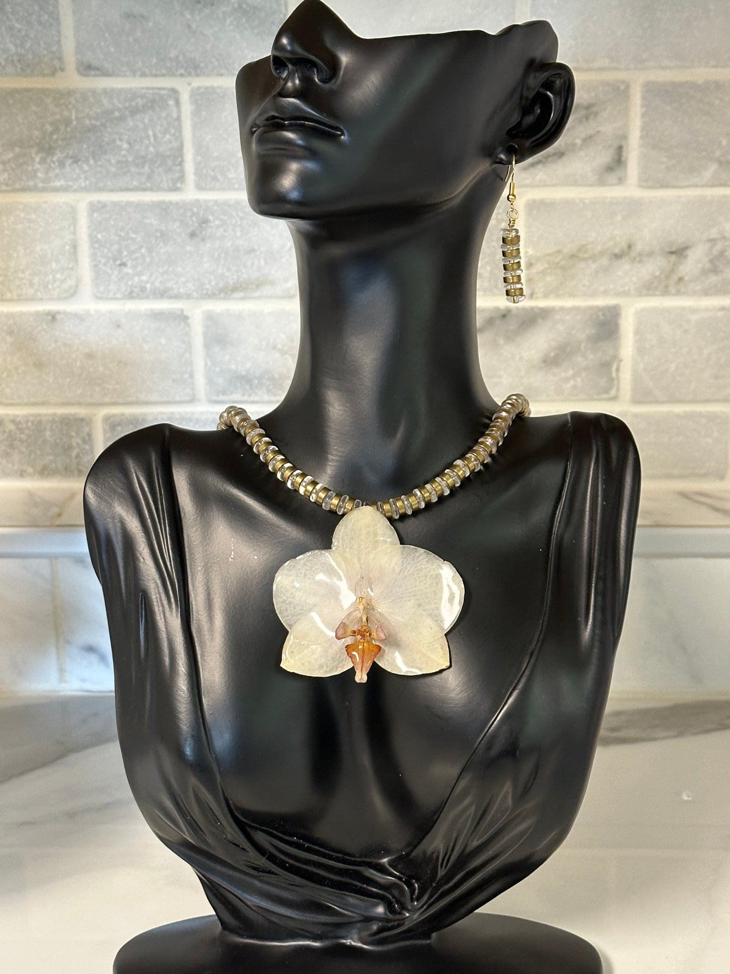 orchid brass necklace with earrings