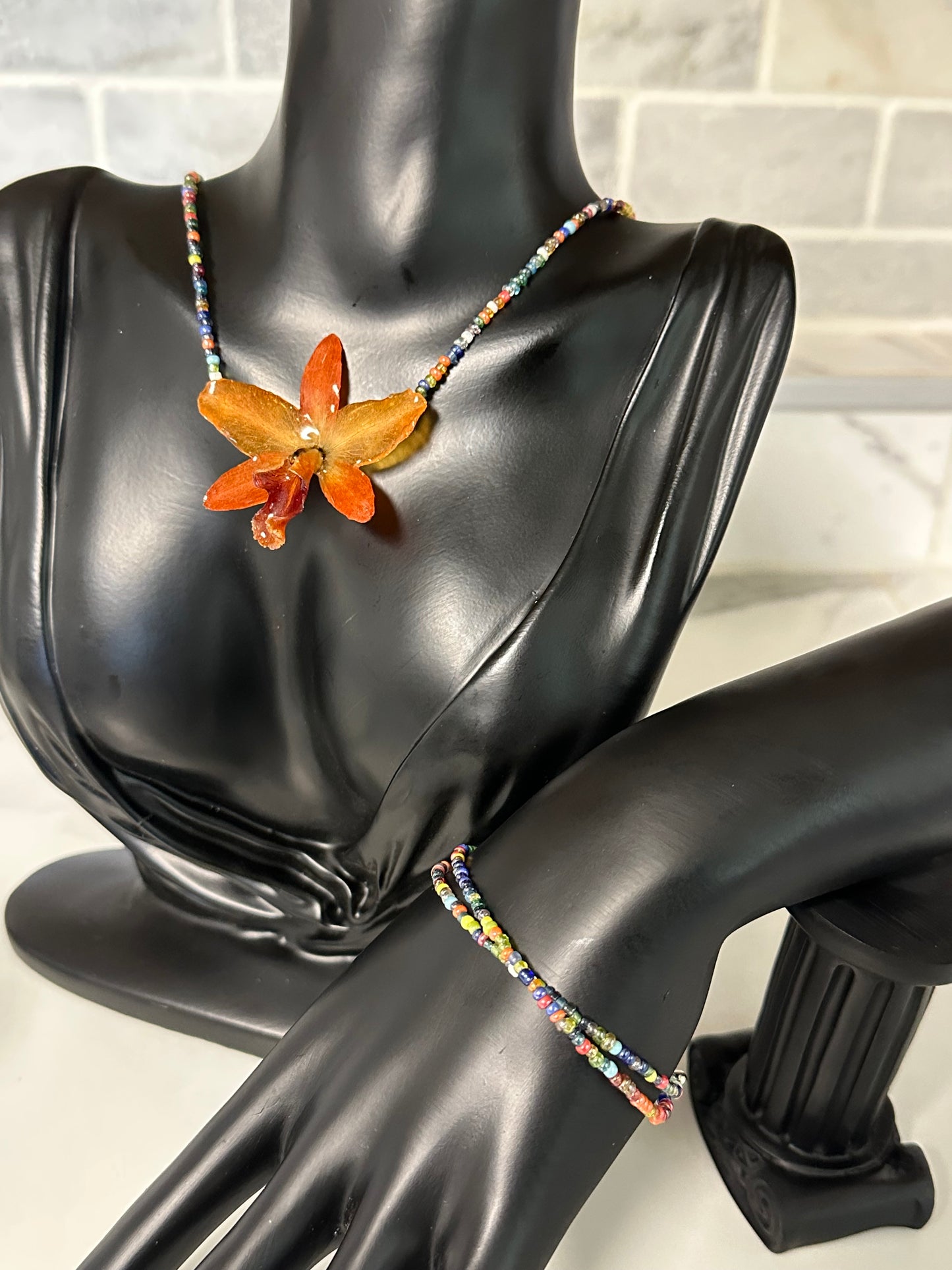 orange  cattleya necklace with bracelet